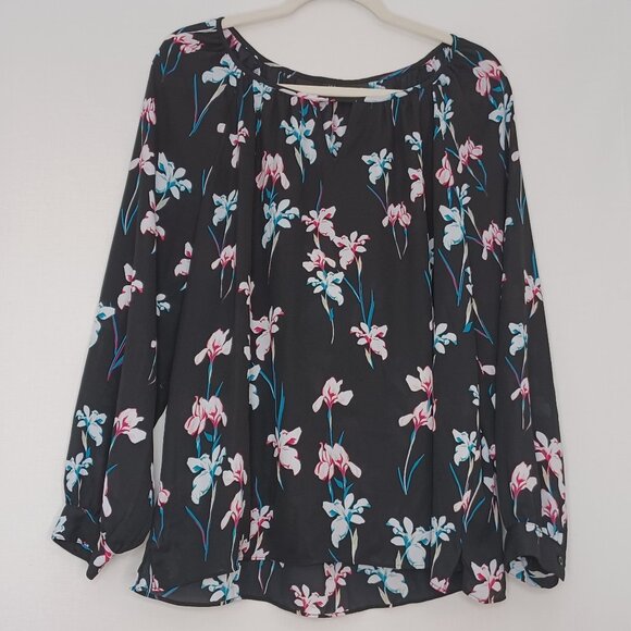 Women's I.N.C. Lightweight Sheer Flowy Black Floral Long Sleeve Top Size Large - Picture 1 of 7